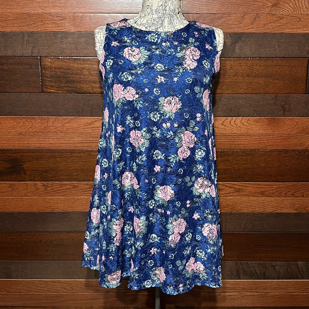 City Streets Navy Floral Sleeveless Swing Dress with Pink Roses